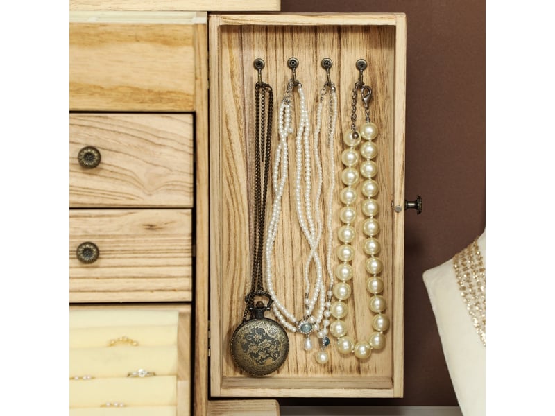  Boîte à bijoux en bois 4 niveaux 26,5x16x33,5 cm – coffret à bijoux avec miroir intégré, tiroirs et portes latérales à 8 crochets pour colliers – marron  - Conforama C