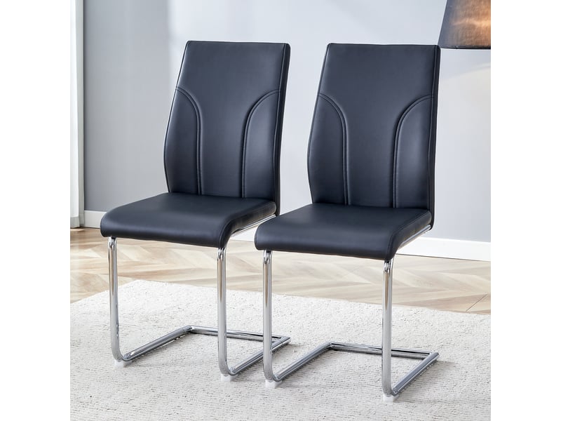  Lot de 2 chaises 40,6x40x95 cm salle à manger design moderne confortable revêtement pu noir, pieds en métal argenté  - Conforama D