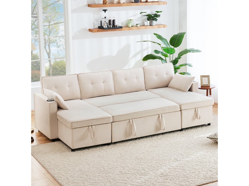  Canapé convertible en u 45 places 270x130 cm, canapé-lit en tissu aspect lin avec rangements, porte-gobelets, 2 coussins - beige  - Conforama E