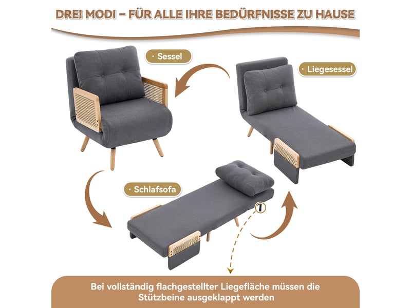  Fauteuil convertible 3 en 1 avec dossier réglable 5 positions et accoudoirs en rotin, en lin gris 67,5 × 73 × 86,5 cm  - Conforama E