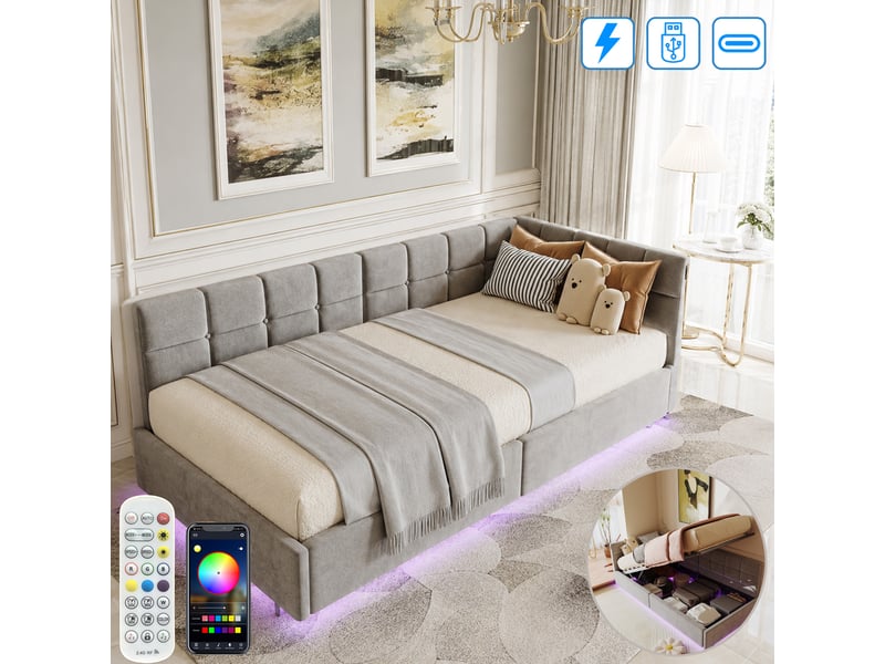  Lit coffre enfant 90x200 cm - éclairage led rgb et charge usb et type c - rangement hydraulique - canapé lit une place 1 personne  - Conforama B