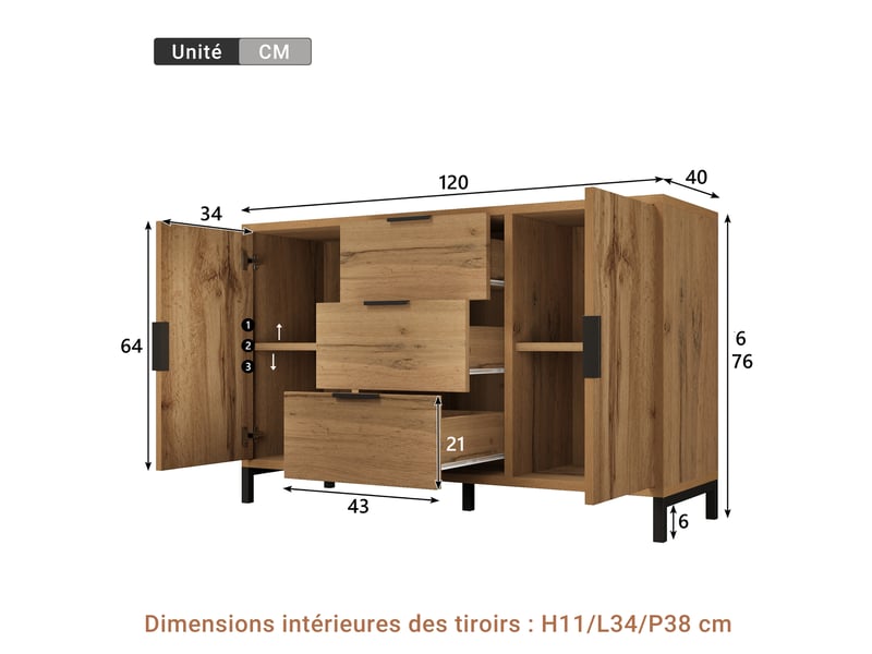 Commode 2 portes et 3 tiroirs 120x40x76 cm avec étagère réglable chêne foncé  - Conforama E