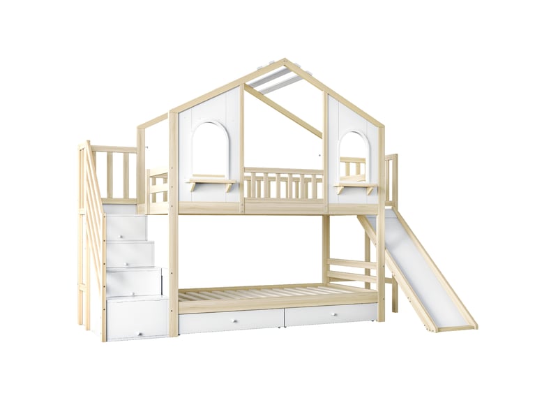  Lit superposé enfant 90x200 cm avec toboggan et rangements bois blanc et bois naturel sans matelas  - Conforama D