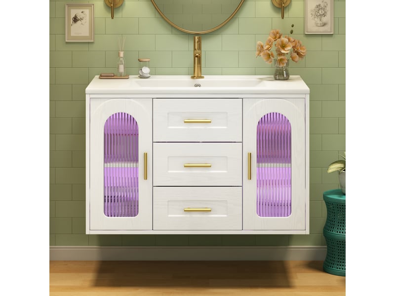 Meuble vasque mural 76x46x55 cm, meuble salle de bain avec led, porte en verre cannelé, tiroirs et étagères réglables, mdf, blanc Bliss Lite - Conforama E