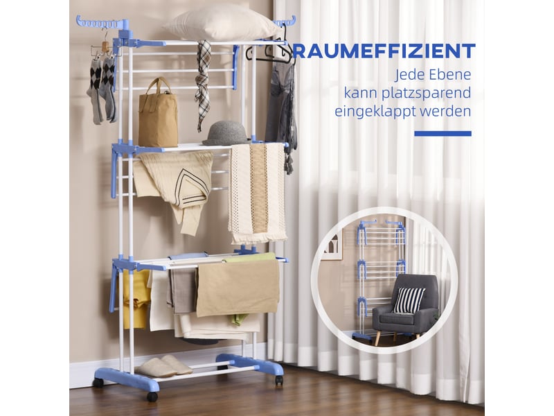  Etendoir à linge tour 73 x 64 x 177 cm – bleu – 4 niveaux extensibles avec roulettes pour intérieur et extérieur  - Conforama E