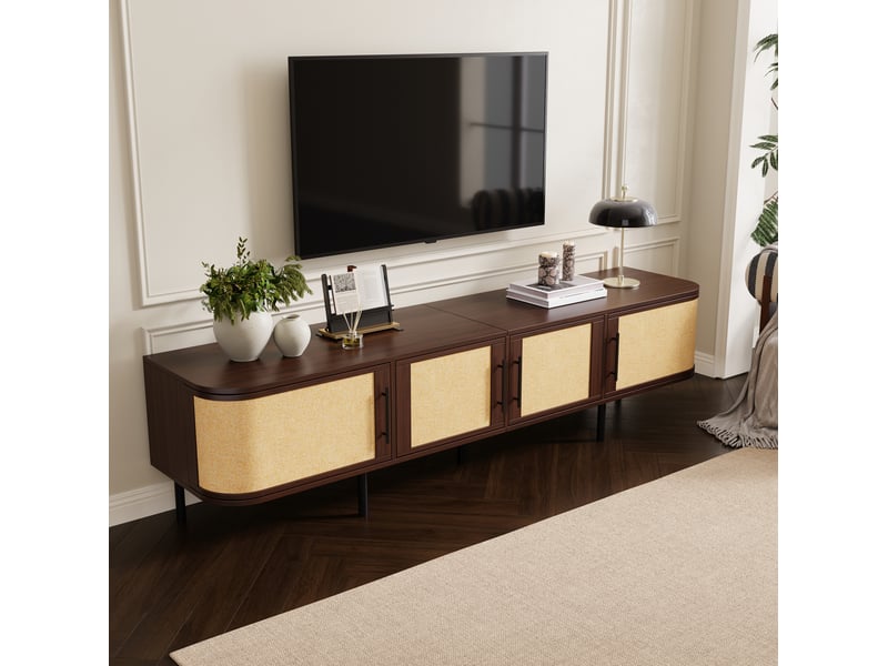  Meuble tv bas 180x40x45 cm, fini noyer en mdf, rangement 4 portes, façade tressée, poignées noirs, pieds en métal  - Conforama D