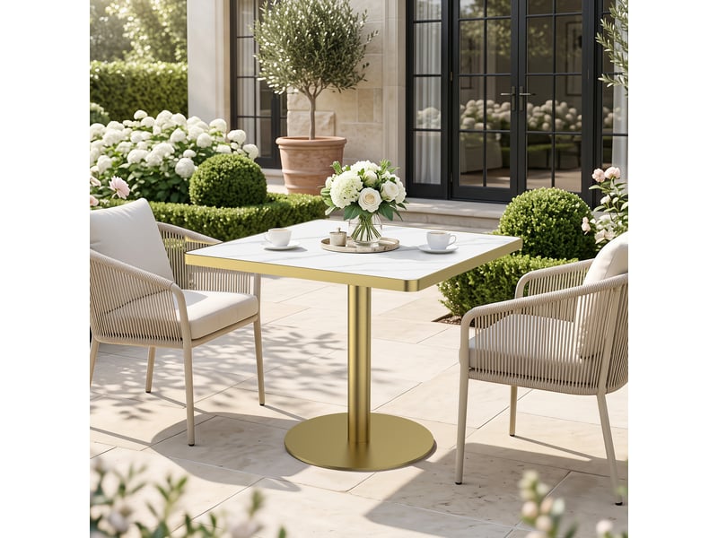  Table à manger ronde de 70 cm en pierre frittée avec plateau blanc et pieds dorés  - Conforama W