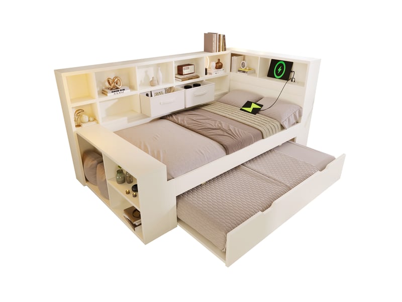  Lit jeune, lit gigogne 90x190 cm avec rangement et ports usbtype-c bois couleur blanc  - Conforama A