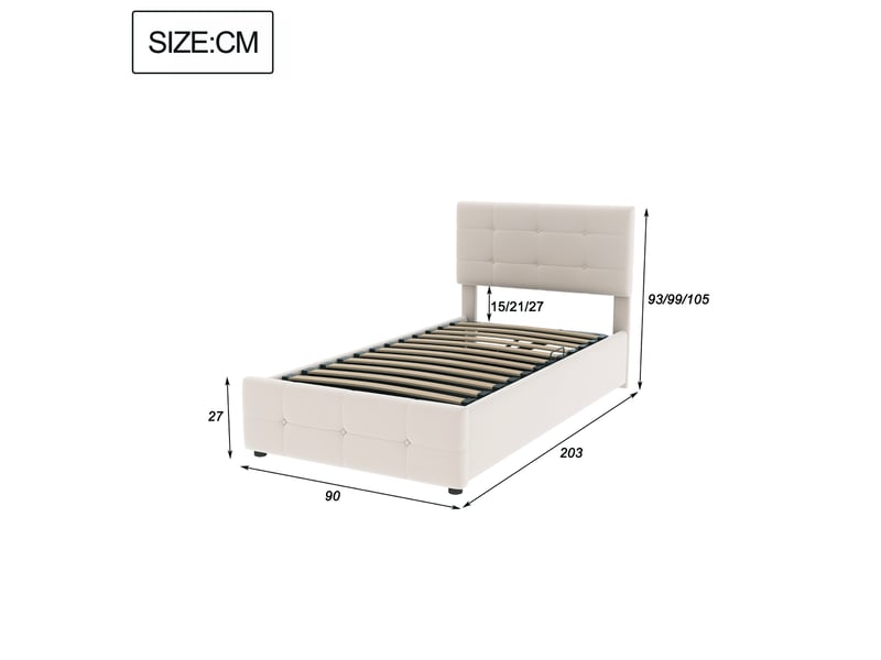  Lit coffre rembourré 90 x 200 cm, coffre à relevage hydraulique, tête de lit réglable, sommier à lattes, structure rembourrée, velours, beige ABC - Conforama C