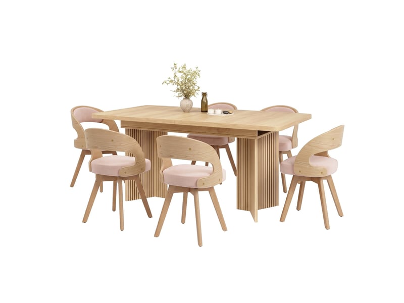  Ensemble table extensible 120–160 cm avec pieds v cannelés + 6 chaises en bois, assises pivotantes et coussins en lin coton  - Conforama A