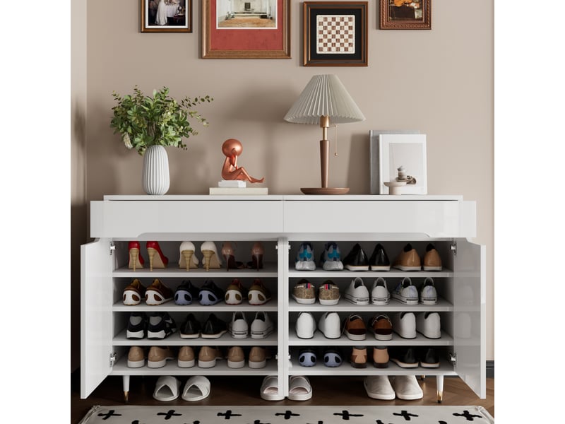 Meuble à chaussures avec 2 portes, 2 tiroirs et étagères réglables, fermeture douce pour entrée, 140×39×84 cm - Conforama C