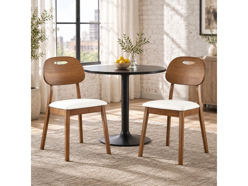  Lot de 2 chaises de salle à manger 44x50x88 cm, bois, chaise de cuisine, dossier ovale avec poignée, assise pu blanc  - Conforama B