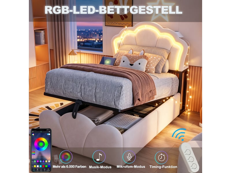  Lit coffre 90x200 cm - lit 1 place avec rangement hydraulique, tête de lit avec rangements, led et prises - velours - beige  - Conforama E