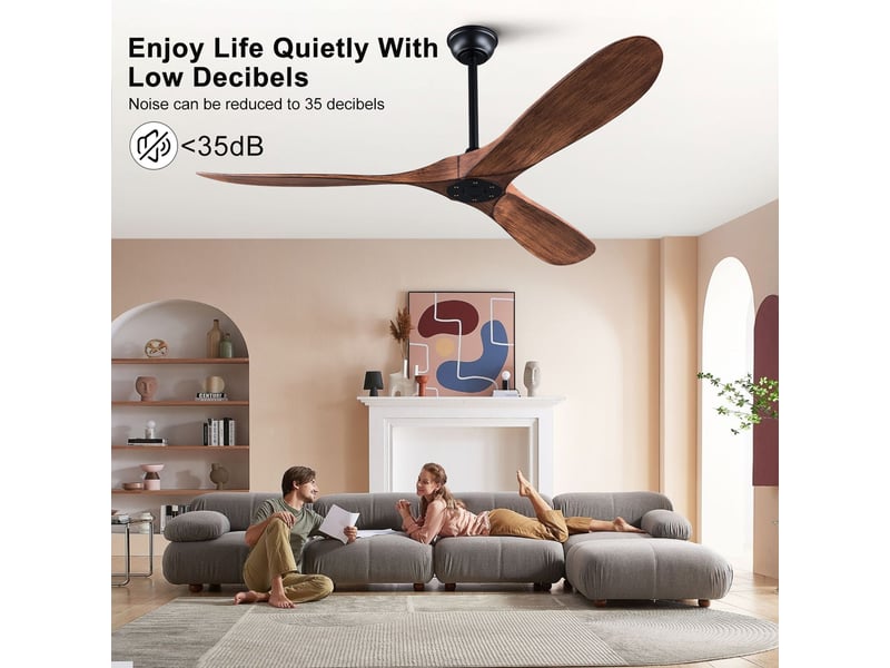  Ventilateur de plafond 132 cm sans éclairage 3 pales abs noir et noyer foncé réversible 6 vitesses télécommande silencieux  - Conforama D