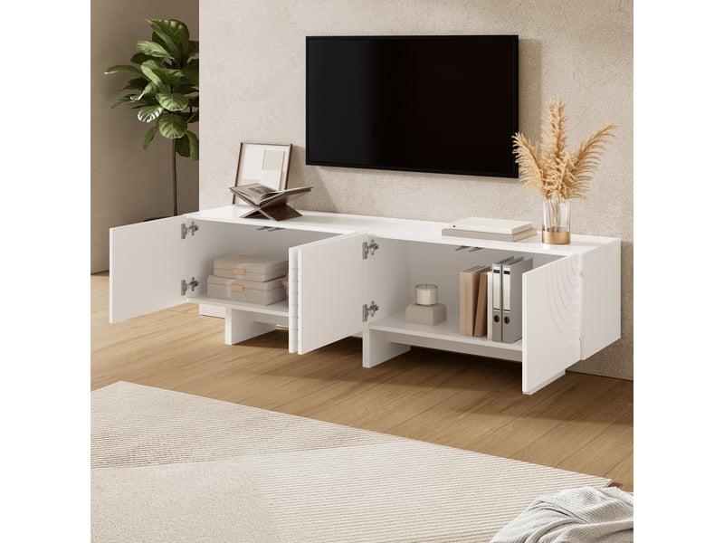  Meuble tv 170x35x50 cm - meuble bas avec 4 portes, façades en relief à motif géométrique arqué, séparation centrale et rangements - blanc  - Conforama D