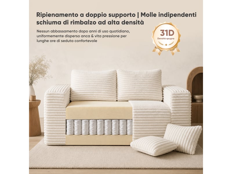  Canapé droit 2 places en velours côtelé beige, 160 x 88 x 58 cm, livré compressé, pour le salon, mousse haute densité, livraison en un colis CARDUME ESTIVAL - Conforama D