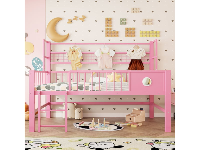  Lit mezzanine bas enfant 90 x 200 cm avec rangement, métal et mdf, rose  - Conforama D