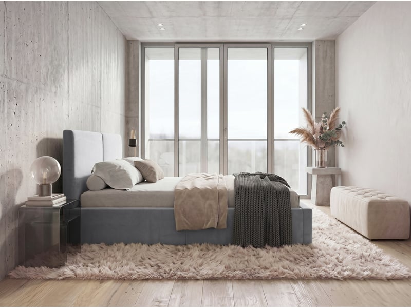  Lit coffre rembourré 160x200 2 places avec sommier relevable gratuit inclus et tête de lit - lit adulte avec rangement - cendré Hilton Interbeds - Conforama D