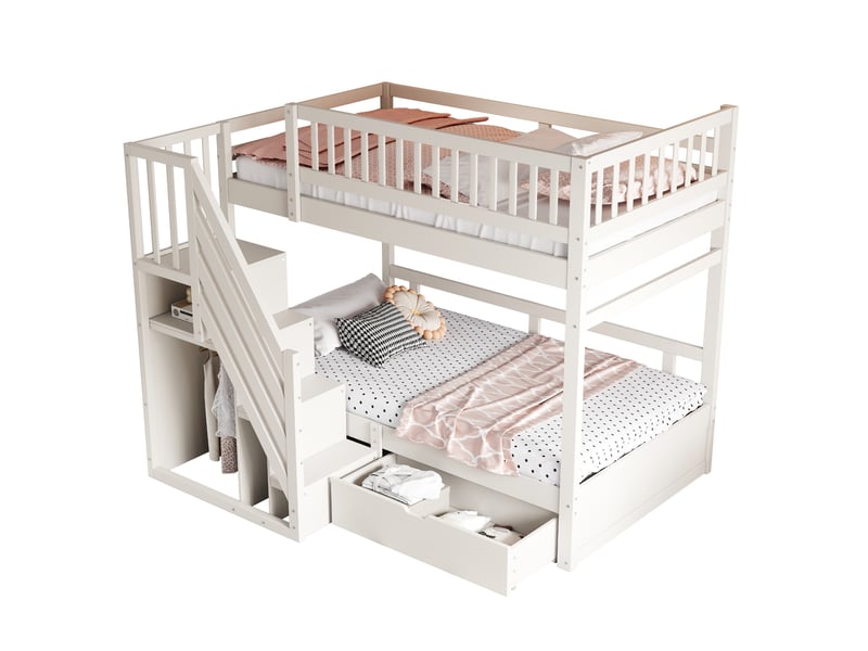 Lit superposé 2 couchages 90x200 cm avec escalier de rangement blanc - Conforama A