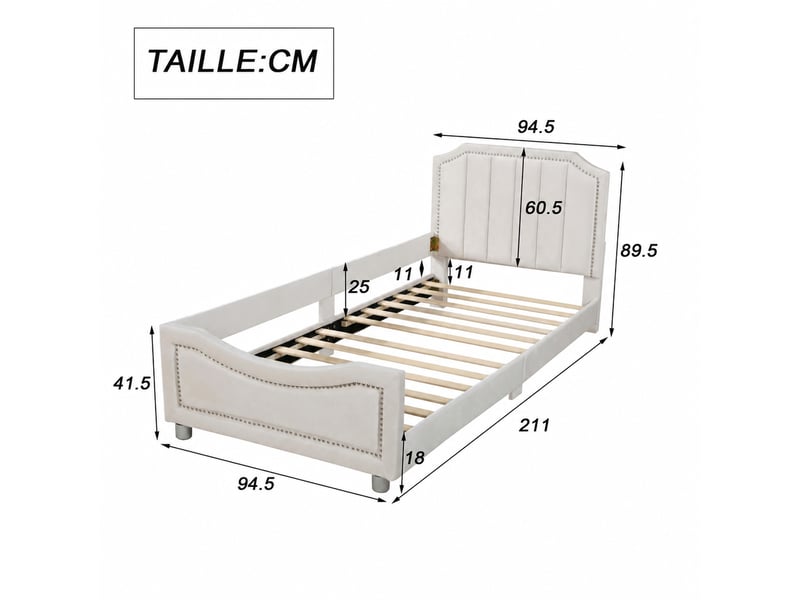  Lit banquette en flanelle, lit simple 200x90 cm avec dossier, accoudoirs et coins arrondis, sans matelas, beige  - Conforama D