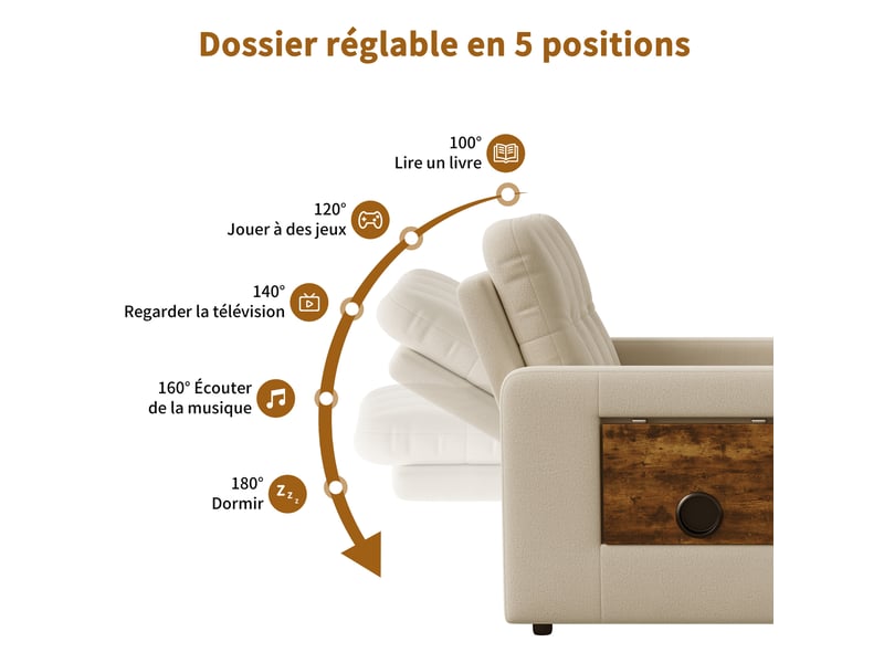  Fauteuil convertible fauteuil lit ,canapé 1 place réglable avec rangement,fauteuil 3-en-1,roues et tissu chenille - beige  - Conforama R