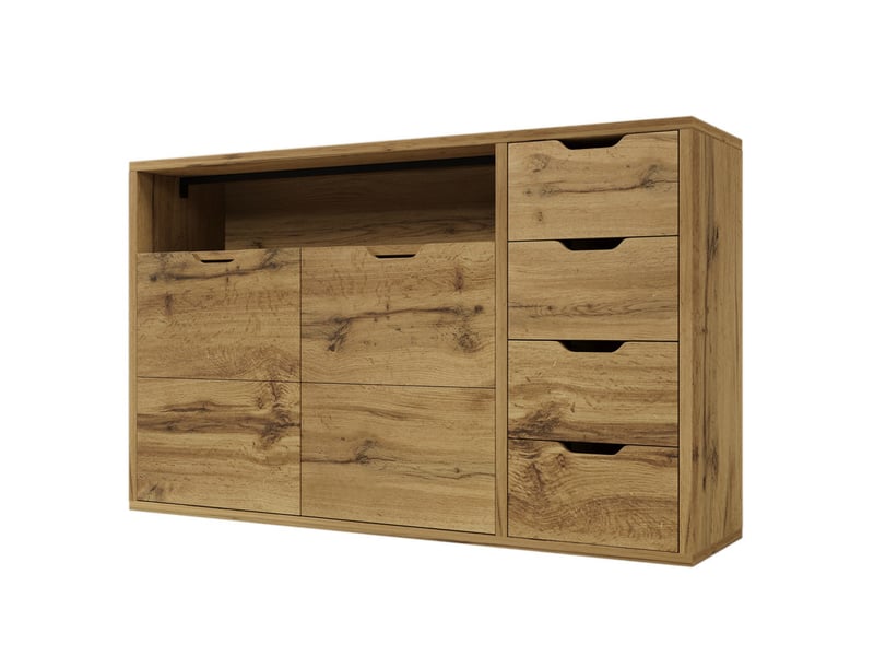  Commode à 4 tiroirs et 2 portes, 150 x 40 x 90 cm, niche ouverte et étagères réglables, effet chêne  - Conforama A