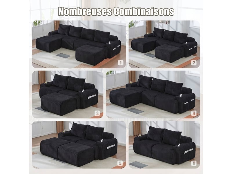 Canapé modulaire 3 places en velours côtelé avec repose-pieds 268 x 174 x 80 cm porte-gobelet - Conforama W
