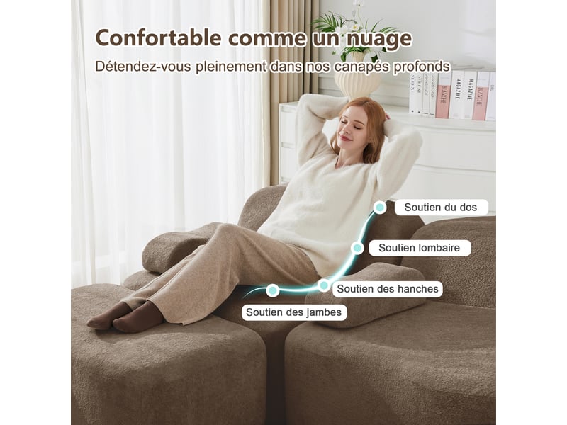  Canapé modulable 3 places velours marron 288x167x70 cm avec 2 poufs, assise profonde en mousse 32d, salon W3325S00429 - Conforama D