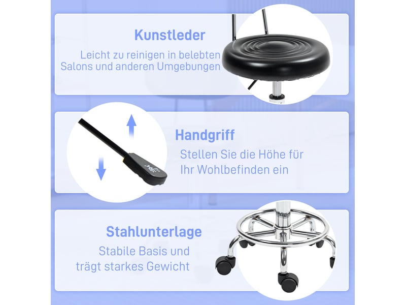  Tabouret de bureau à roulettes réglable en hauteur noir, dossier et repose-pieds, pivotant à 360° pour le travail  - Conforama E