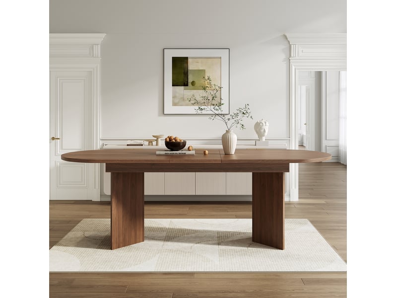 Table de salle à manger 160-200x90x75 cm, plateau extensible, effet bois en mdf, teinte noyer, bords arrondis - Conforama E
