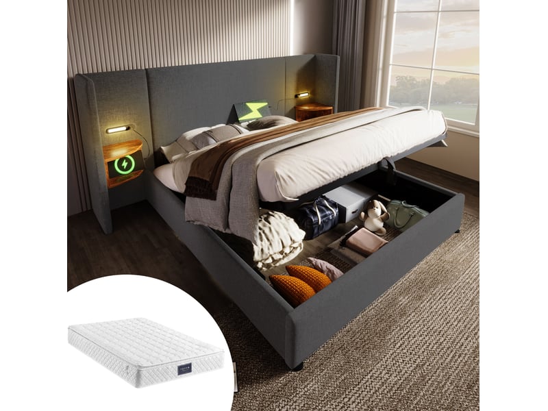  Lit coffre 160 × 200 cm 2 places avec étagères, lampe tactile, usb et type-c, matelas inclus, en tissu gris  - Conforama B