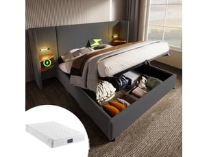 Lit coffre 160 × 200 cm 2 places avec étagères, lampe tactile, usb et type-c, matelas inclus, en tissu gris
