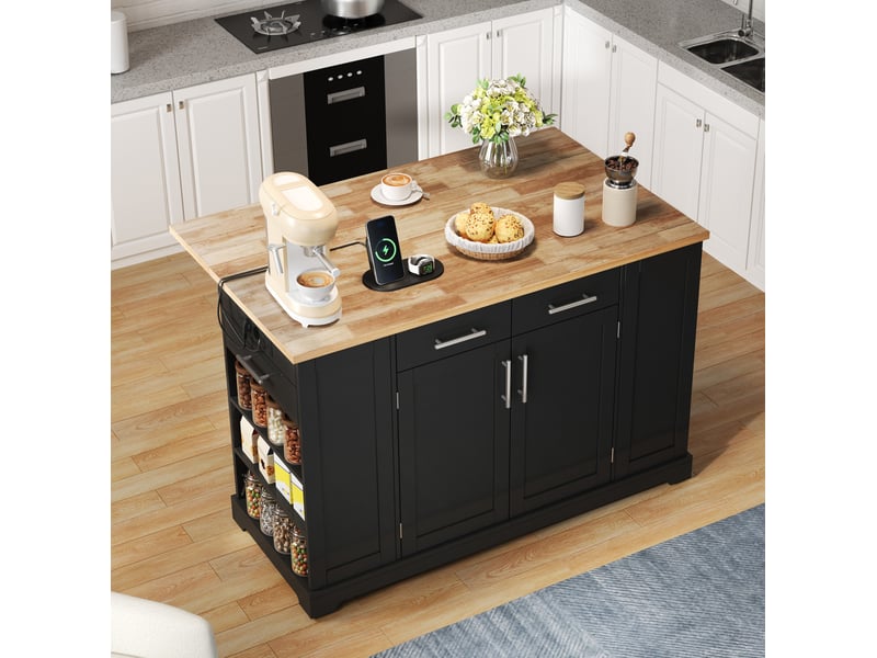  Îlot de cuisine 138x86x92 cm avec plateau relevable, roulettes silencieuses, mdf, noir et naturel  - Conforama E