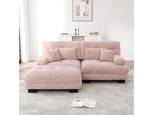 Canapé d'angle, canapé 2 places – en chenille, larges accoudoirs, avec pouf, rose, coussins inclus, style cloud