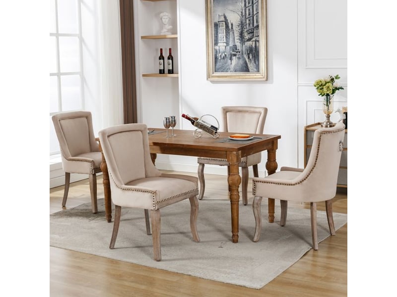  Chaise de salle à manger rembourrée - velours - beige - 4 pièces - 61x91 cm - cadre en bois massif beige - Conforama E