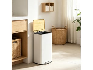 Poubelle de cuisine 20 l blanche en métal avec couvercle en bambou, pédale et fermeture douce, seau amovible