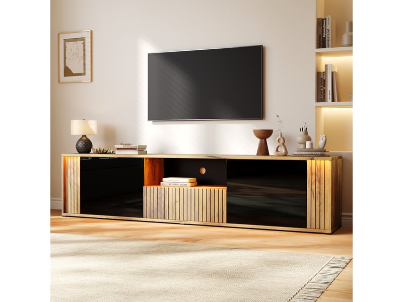  Meuble tv bas 180x40x51 cm pour tv 75 pouces, led bluetooth, 2 portes, 1 tiroir, rangements ouverts, passe-câbles, mdf – noir et bois naturel  - Conforama B