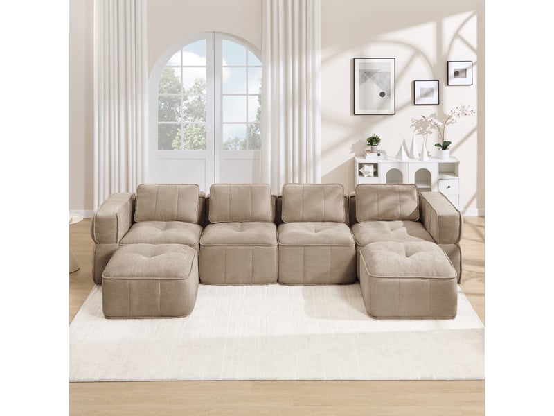  Canapé 4 places - 344x162x67cm - canapé panoramique en u avec 2 poufs repose-pieds en mousse 32d sans cadre - sable  - Conforama D