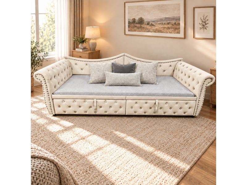Canapé-lit rembourré 90 x 200 cm – avec port de charge usb – avec éclairage led – avec lit gigogne – beige (matelas non inclus) - Conforama B