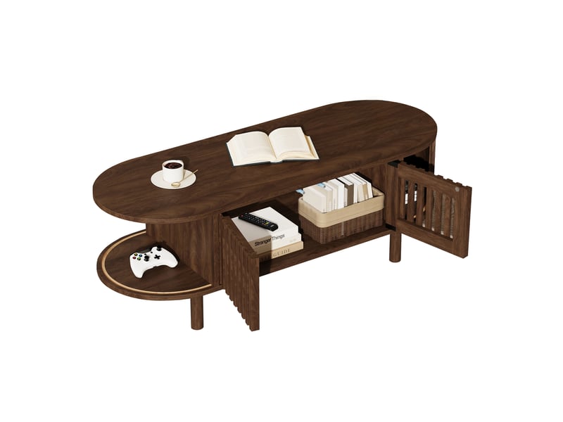  Table basse ovale 100x40x38 cm rangement, 2 portes lamellées, porte coulissante, mdf, pieds bois, noyer  - Conforama A