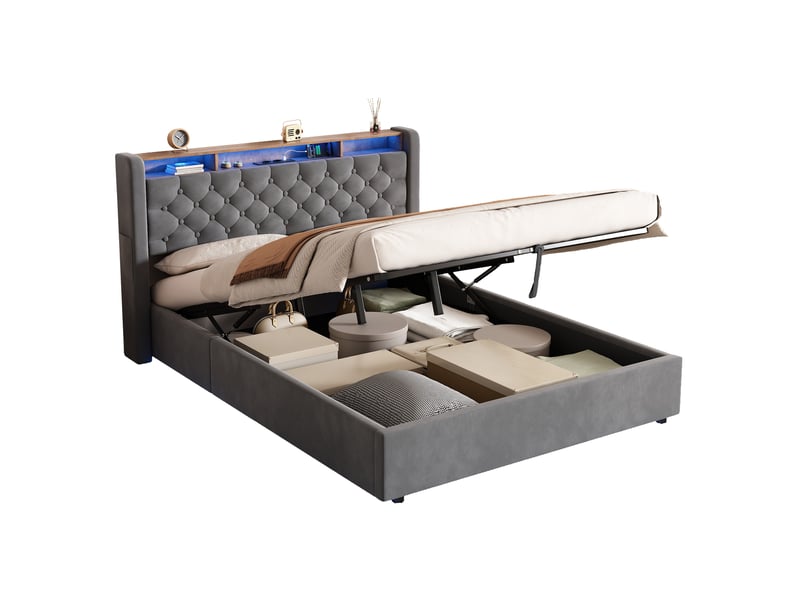  Lit coffre 2 places 140x200 cm avec led et usb-c, en velours gris  - Conforama A