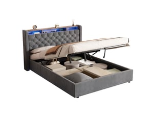 Lit coffre 2 places 140x200 cm avec led et usb-c, en velours gris