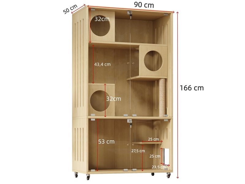  Meuble vitré mobile 90 x 50 x 166 cm, 3 niveaux, portes en verre trempé avec serrure, roulettes, finition bois naturel  - Conforama C