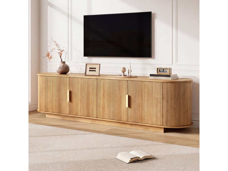  Meuble tv 180 cm 4 portes - banc tv couleur naturelle avec façade ondulée et grand rangement  - Conforama W