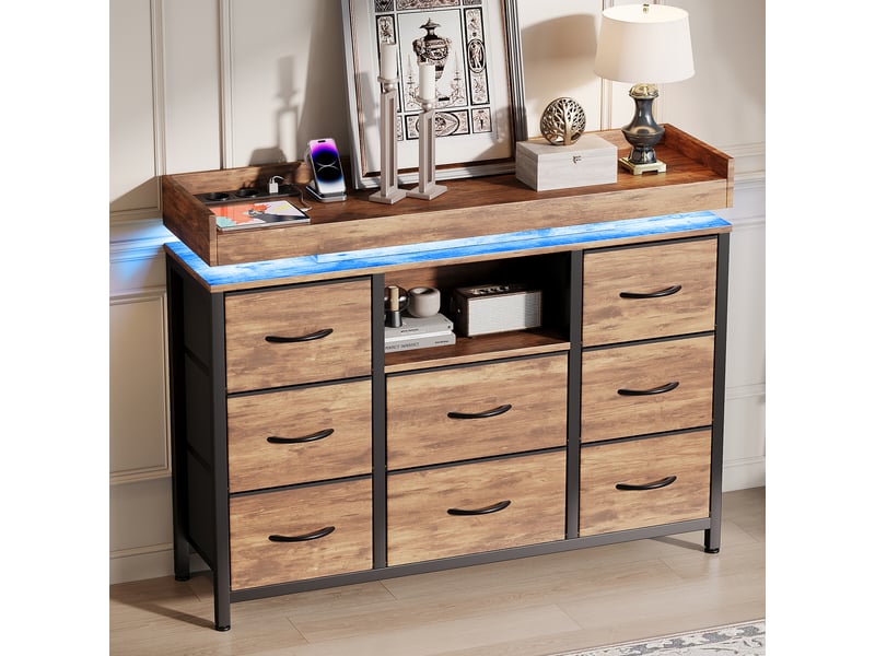 Commode 8 tiroirs rétro 108x30x82 cm, buffet, motif bois, led, port usb, en acier, bois et tissu, couleur bois foncé  - Conforama B