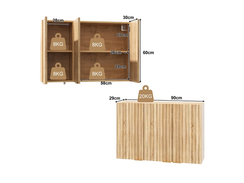  Armoire murale cuisine 3 portes meuble haut de rangement placard suspendu 90x29x60 cm naturel  - Conforama D