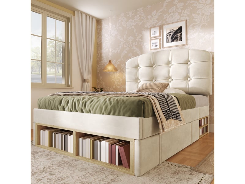 Lit enfant 90x200 cm avec tête de lit réglable, tiroirs, compartiments de rangement et sommier à lattes, velours beige - Conforama E