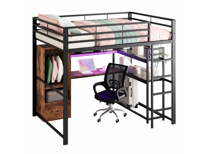 Lit mezzanine 140x200 cm en métal avec bureau, tiroir, rangements et led noir - Conforama A