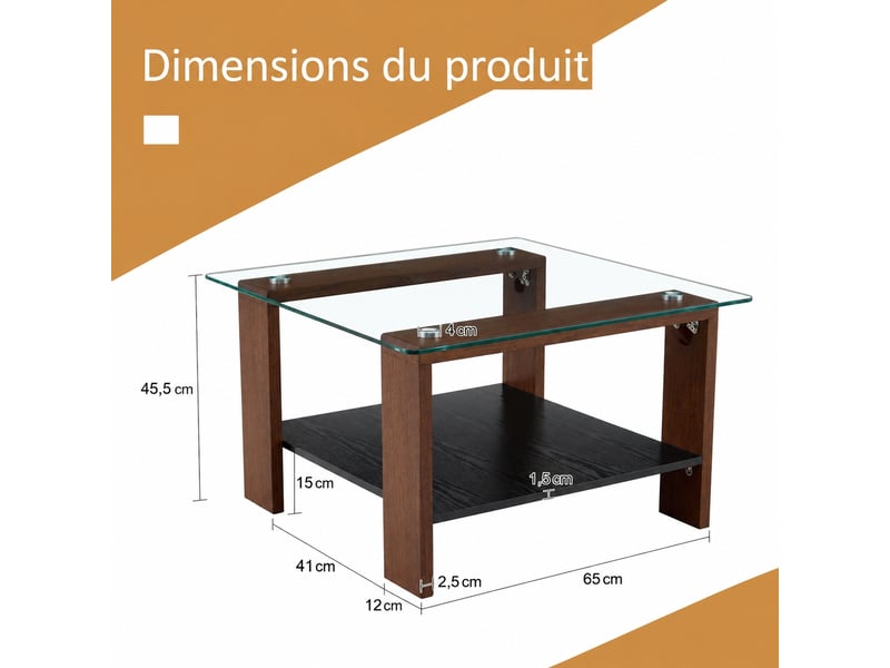  Table basse avec rangement, plateau en verre trempé et aspect noyer  - Conforama C