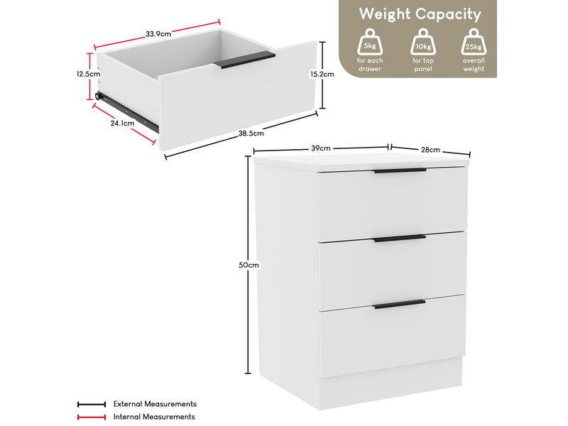  Table de chevet trega 3 tiroirs, commode de nuit, chambre, set de 2, 50x39x28cm, blanc 3332101 - Conforama D